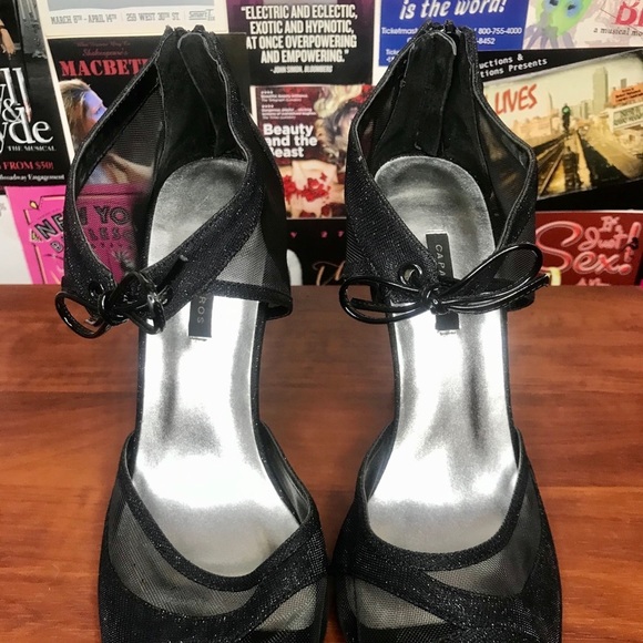 Caparros Mesh Tie Peep Toe Black Dress Heels - Picture 2 of 6